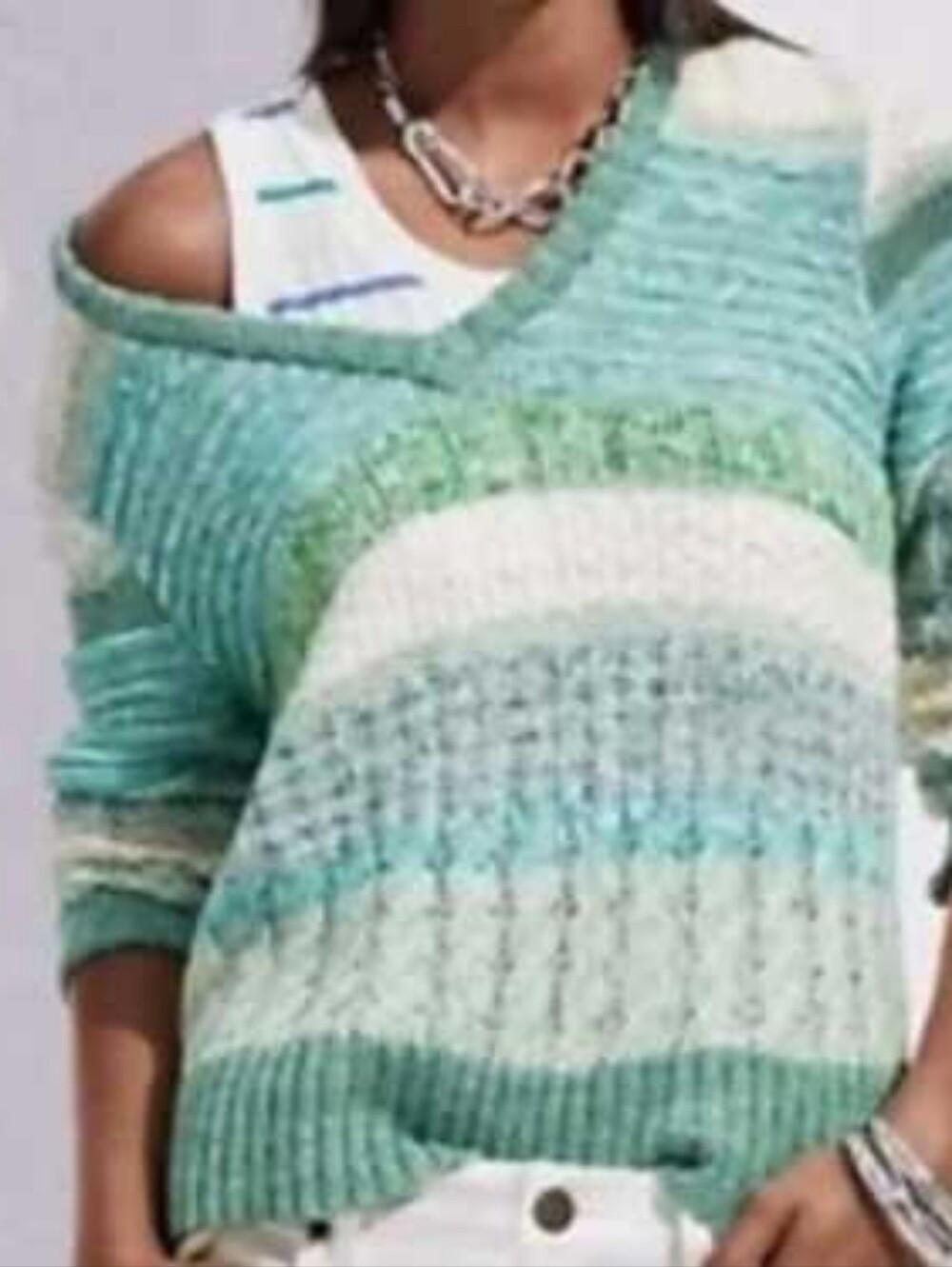 CAbi Mixed Stitch V Neck Striped Pastel Sweater XL - Picture 1 of 7